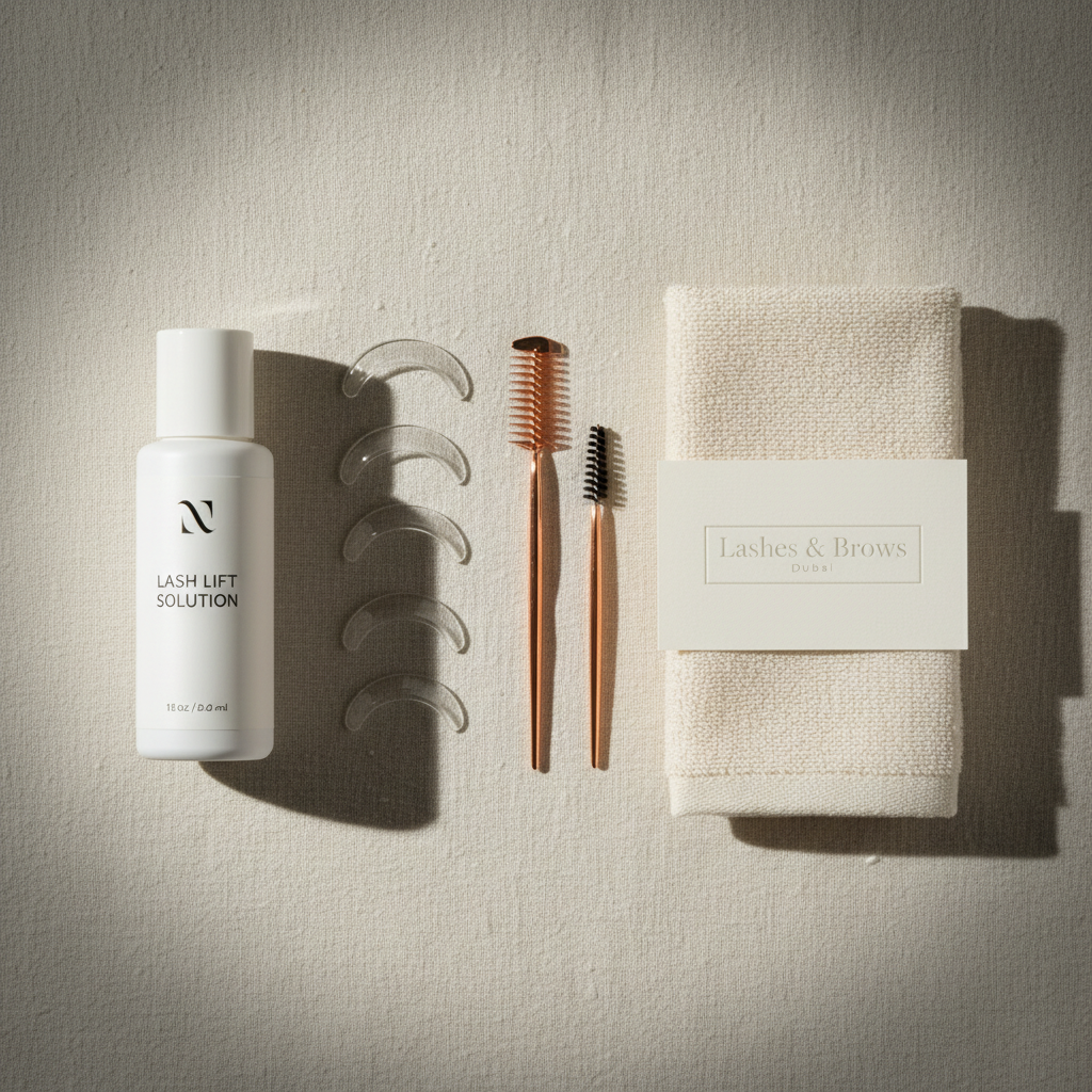 An elegant flat-lay composition of a Korean lash lift and brow lamination home-service kit arranged on a creamy, textured linen surface. A sleek matte-white lash lift solution bottle, glass lash shield forms, a rose-gold metal lash comb, and a narrow brow lamination brush are precisely aligned beside a folded ivory hand towel and a discreet, embossed card reading “Lashes & Brows Dubai” in minimalist typography. Soft, indirect daylight from the left creates refined shadows and subtle reflections on the glass and metal surfaces, enhancing the sophisticated, luxury aesthetic. Shot from a bird’s-eye view with sharp focus and slight vignetting, the photographic realism and balanced negative space evoke a calm, polished, high-end beauty experience brought into the client’s home.