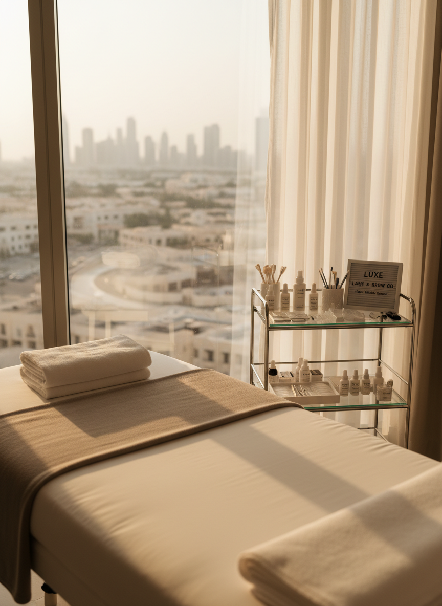 A refined scene of a mobile beauty setup for Korean lash lift and brow lamination in a contemporary Dubai apartment, portrayed without any people. A plush, taupe treatment bed draped in crisp white linens sits near a floor-to-ceiling window overlooking a softly blurred urban skyline. On a slim glass trolley beside it, neatly arranged lash lift lotions, brow lamination solutions, silicone shields, and precision tools gleam under the light. Warm late-afternoon sunlight filters through sheer curtains, casting delicate patterns on the bed and creating a tranquil, golden ambiance. Captured at eye level with a slightly wide angle, the composition emphasizes spaciousness and comfort, in clean, photographic realism that communicates a discreet, on-demand luxury service experience.