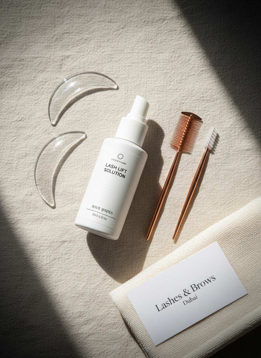 An elegant flat-lay composition of a Korean lash lift and brow lamination home-service kit arranged on a creamy, textured linen surface. A sleek matte-white lash lift solution bottle, glass lash shield forms, a rose-gold metal lash comb, and a narrow brow lamination brush are precisely aligned beside a folded ivory hand towel and a discreet, embossed card reading “Lashes & Brows Dubai” in minimalist typography. Soft, indirect daylight from the left creates refined shadows and subtle reflections on the glass and metal surfaces, enhancing the sophisticated, luxury aesthetic. Shot from a bird’s-eye view with sharp focus and slight vignetting, the photographic realism and balanced negative space evoke a calm, polished, high-end beauty experience brought into the client’s home.