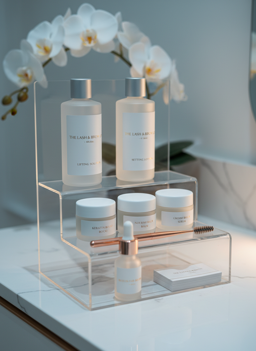 A stylish close-up of a transparent acrylic display stand featuring premium lash lift and brow lamination products branded for a luxury Dubai service. Sleek frosted bottles with minimalist labels, small matte jars of nourishing keratin treatment, and a slender, metallic lash wand are arranged in a tiered structure. Behind them, an out-of-focus hint of a white orchid and a fragment of a marble countertop suggest a refined home interior. Cool, diffused studio lighting from above and a subtle warm accent light from the side create gentle highlights on the packaging edges and a soft glow through the acrylic. Photographic realism, shallow depth of field, and a rule-of-thirds composition establish an atmosphere of clinical precision blended with indulgent sophistication.