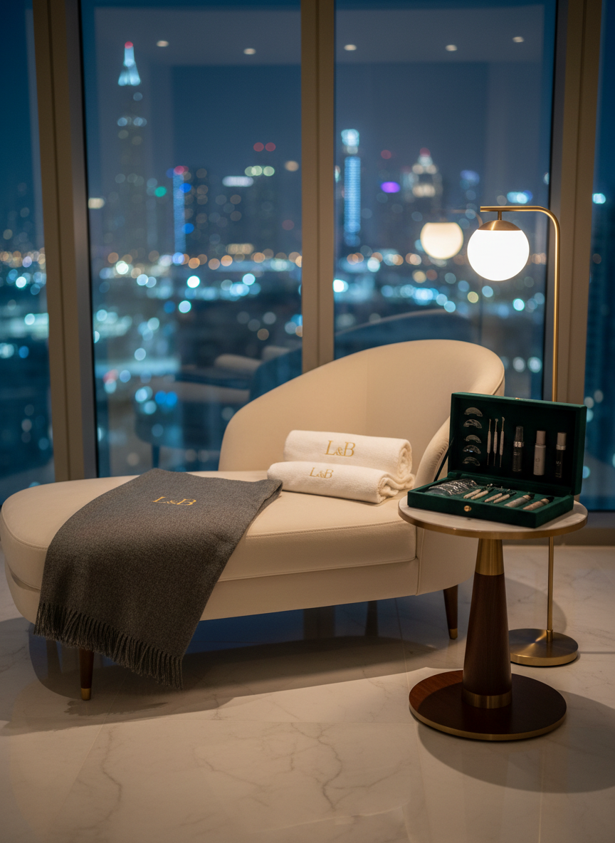 A night-time Dubai luxury apartment interior set up for an exclusive lash and brow session, captured in high-end photographic realism without any people present. A low, modern chaise lounge is draped with a cashmere throw and a folded, monogrammed treatment towel. Next to it, a slim, brushed-brass floor lamp emits a warm, diffused glow, illuminating a small side table that holds an open velvet box containing lash lift shields, delicate brow lamination brushes, and satin-finish product vials. Through a large window, the distant Dubai skyline twinkles in soft bokeh. Shot from a slightly elevated angle with a shallow depth of field, the mood is intimate, discreet, and sophisticated, conveying the exclusivity of at-home Korean lash lift and brow lamination services.
