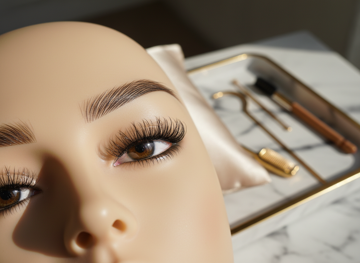 A luxurious close-up of a perfectly shaped lash line and brow rendered as a detailed, hyper-realistic cosmetic mannequin face, with no visible human features beyond the sculpted eye area. The mannequin has smooth, porcelain-like skin and meticulously lifted, glossy Korean-style lashes that fan upwards in a soft curve, paired with elegantly laminated brows brushed into precise, feathery strokes. It rests on a pale beige silk pillow atop a marble vanity tray, surrounded by blurred hints of gold-trimmed lash lift tools and brow brushes. Soft, diffused daylight from a nearby window creates gentle highlights along each lash and brow hair, with a shallow depth of field and photographic realism, conveying a serene, high-end beauty studio atmosphere in Dubai.